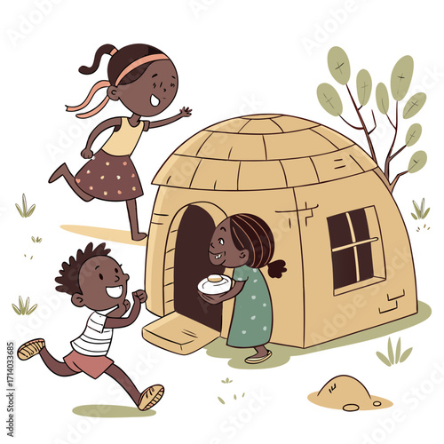 Three happy children playing and sharing food outside a traditional african hut on a sunny day