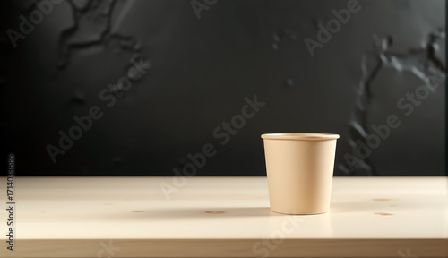 Brown paper cup on wooden table with dark textured wall in background; disposable container for hot beverage in cafe or office menu. Coffee break