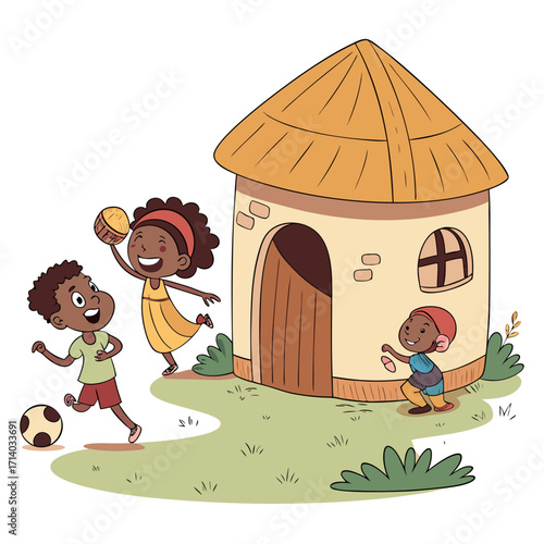 Three happy children playing soccer and throwing a ball near a traditional african hut