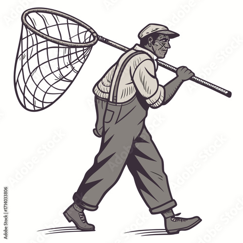 Vintage illustration of a man in overalls and cap carrying a butterfly net over his shoulder