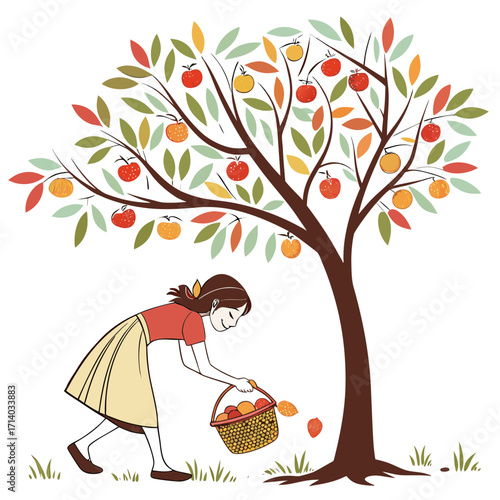 Young girl happily picking ripe apples from a colorful tree into a basket during autumn harvest