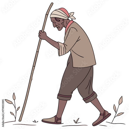 Elderly farmer with a walking stick in traditional clothing tending to crops in a field
