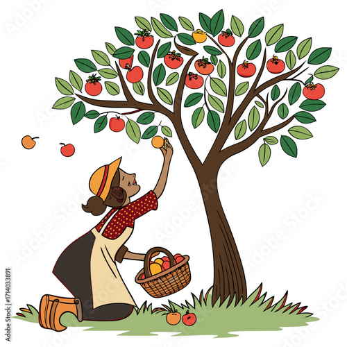 Woman wearing a straw hat and apron picking ripe fruit from a tree into a basket