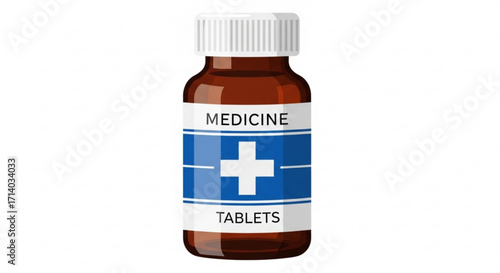 Medicine bottle with tablets, a pharmaceutical container with a white cross and medicine label for healthcare