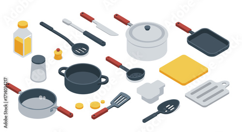 Isometric kitchen utensils set with cooking tools in modern design