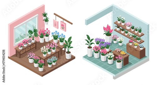 Isometric indoor flower shops with various potted plants in vibrant settings