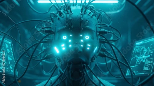 Futuristic Cyborg Head with Glowing Blue Eyes and Wires.