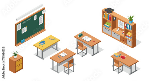 Isometric classroom interior with desks, blackboard, and bookshelves in bright colors