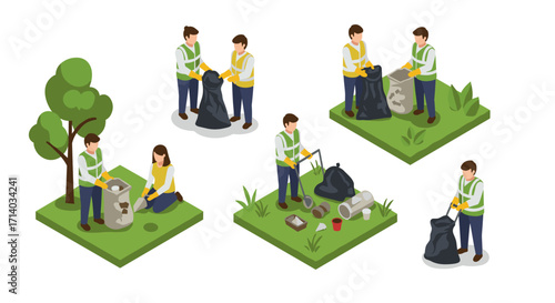 Isometric volunteers cleaning park: waste collection and recycling activities