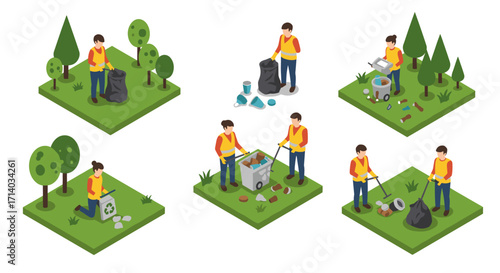 Isometric set of environmental conservation and recycling activities