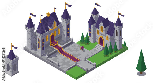 Isometric medieval castle with towers and flags set amidst greenery