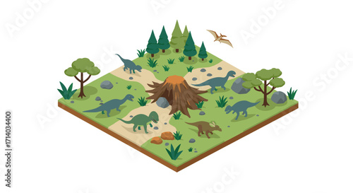 Isometric dinosaur landscape with prehistoric creatures and trees