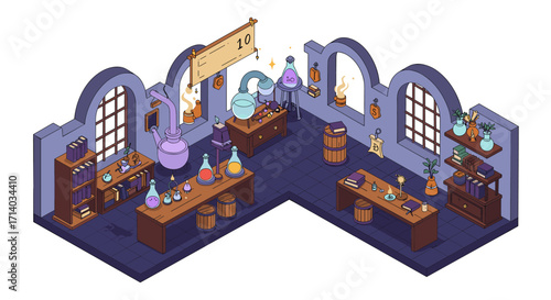 Isometric fantasy potion shop with alchemy equipment in a magical room setting