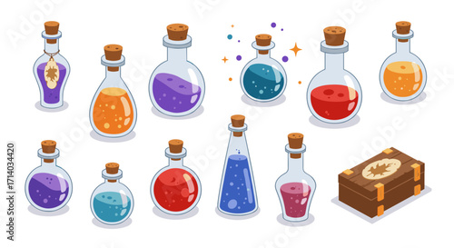 Magical potion bottles collection with wooden chest for fantasy games and designs