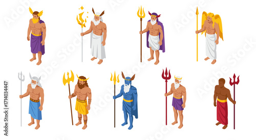 Mythical greek gods in isometric style with tridents and robes
