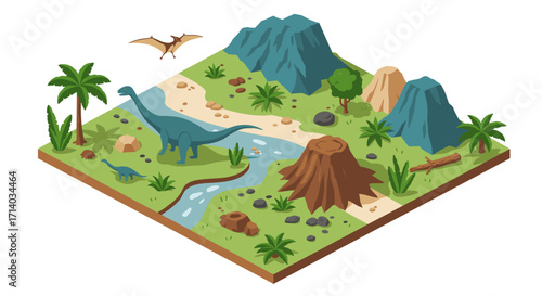 Isometric prehistoric landscape with dinosaurs and volcano in vibrant colors