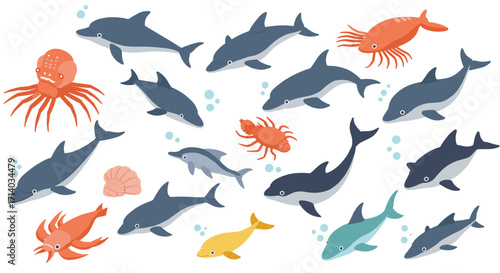 Colorful marine life collection featuring whales, dolphins, and crabs in flat design