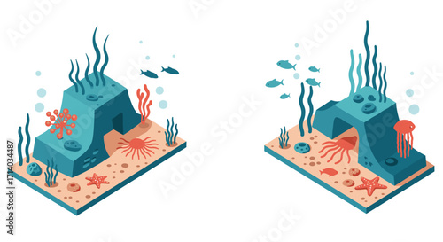 Isometric underwater scene with coral and marine life elements
