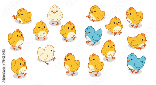 Cute cartoon chicks and bluebirds in playful springtime arrangement