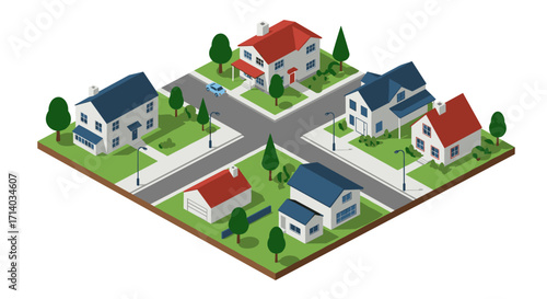 Charming suburban neighborhood with isometric houses, streets, and trees