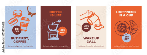 Hand drawn vintage coffee shop poster set. Cafe menu, packaging design. Whimsical sketch vector illustration.