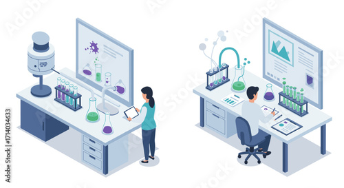 Isometric lab scene with scientists analyzing data and experiments in modern laboratory setting