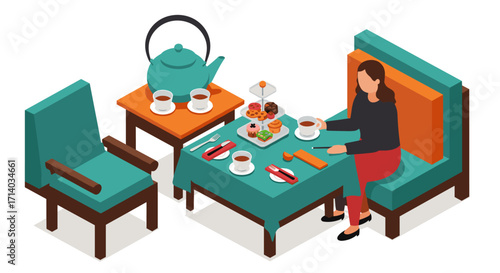 Cozy isometric afternoon tea scene with desserts and elegant table setting