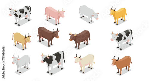 Isometric cartoon cows: diverse breeds in playful 3d style
