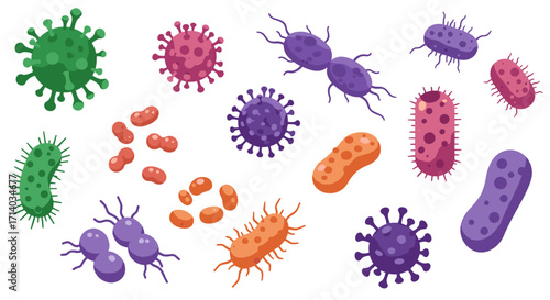 Colorful collection of various bacteria and virus shapes for biology and science education