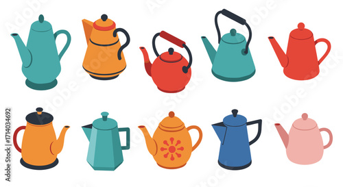 Colorful isometric teapots collection: vintage and modern designs