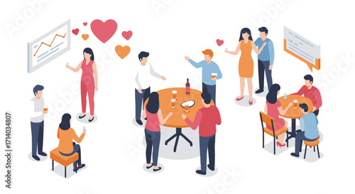 Isometric office party with colleagues and heart decorations