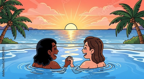 Couple at tropical sunset.