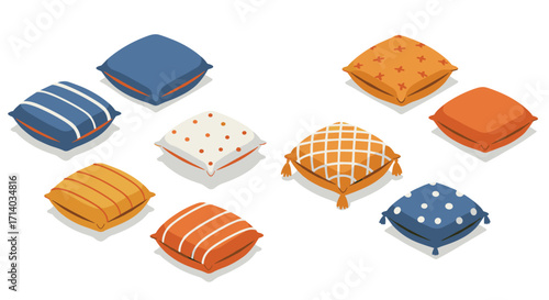 Colorful decorative cushions with various patterns on white background