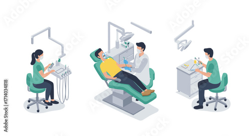 Isometric dental clinic scene with dentist and patient in a modern treatment room