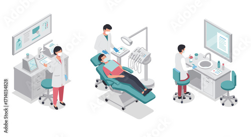 Isometric dental clinic scene with patients and dentists in action
