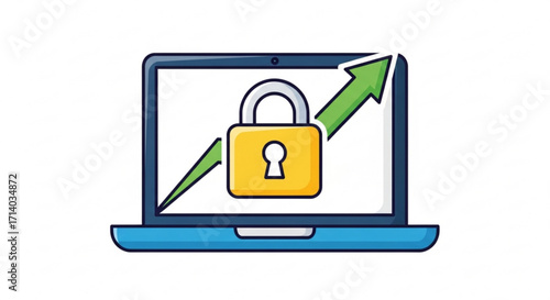 Laptop security with padlock and upward arrow, symbolizing data protection, cybersecurity, and business growth in technology