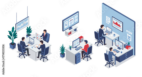 Modern isometric office workspace with technology and collaboration