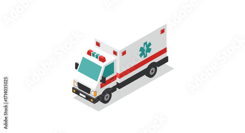Isometric ambulance vehicle on white background with medical emergency design