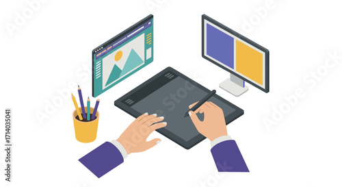 Isometric digital art creation with graphics tablet and dual monitors