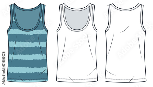 Striped Tank Top Technical Fashion Illustration. Scoop Neck Top fashion flat technical drawing template, sleeveless, front and back view, white, blue, women, men, unisex Sportswear CAD mockup.