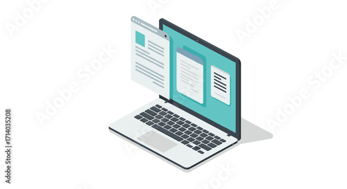 Isometric laptop with digital document and browser interface displayed