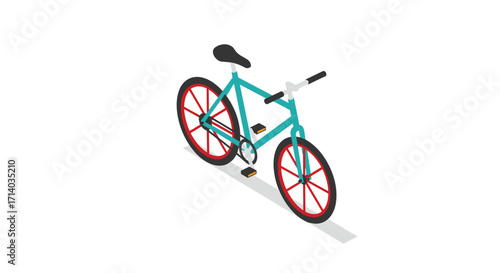 Isometric bicycle design with red wheels on white background
