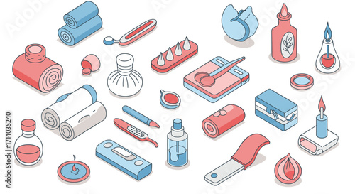 Isometric aromatherapy and spa items on white background for relaxation