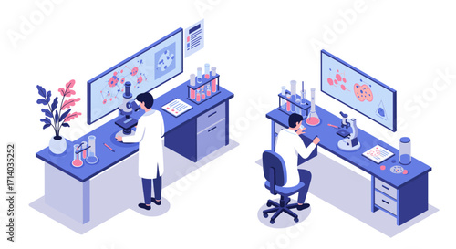 Isometric laboratory scene with scientists using microscopes in modern research facility