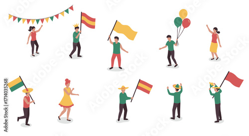 Festive celebration with diverse cartoon characters holding flags and balloons in colorful outfits