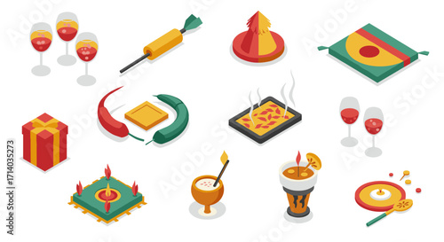 Isometric festive elements set with food and drinks for celebrations