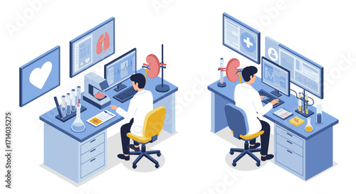 Isometric medical laboratory with scientist analyzing data on computer screens