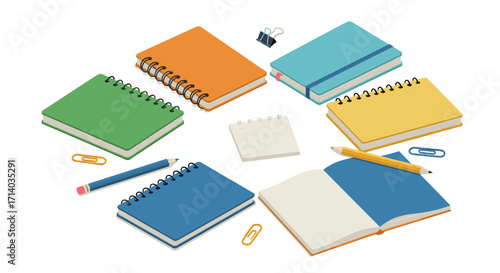 Colorful notebook and stationery collection on white background