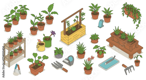 Isometric indoor gardening elements: plants, tools, and containers for home decor