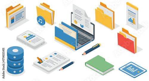 Office documents and technology in isometric design for digital organization